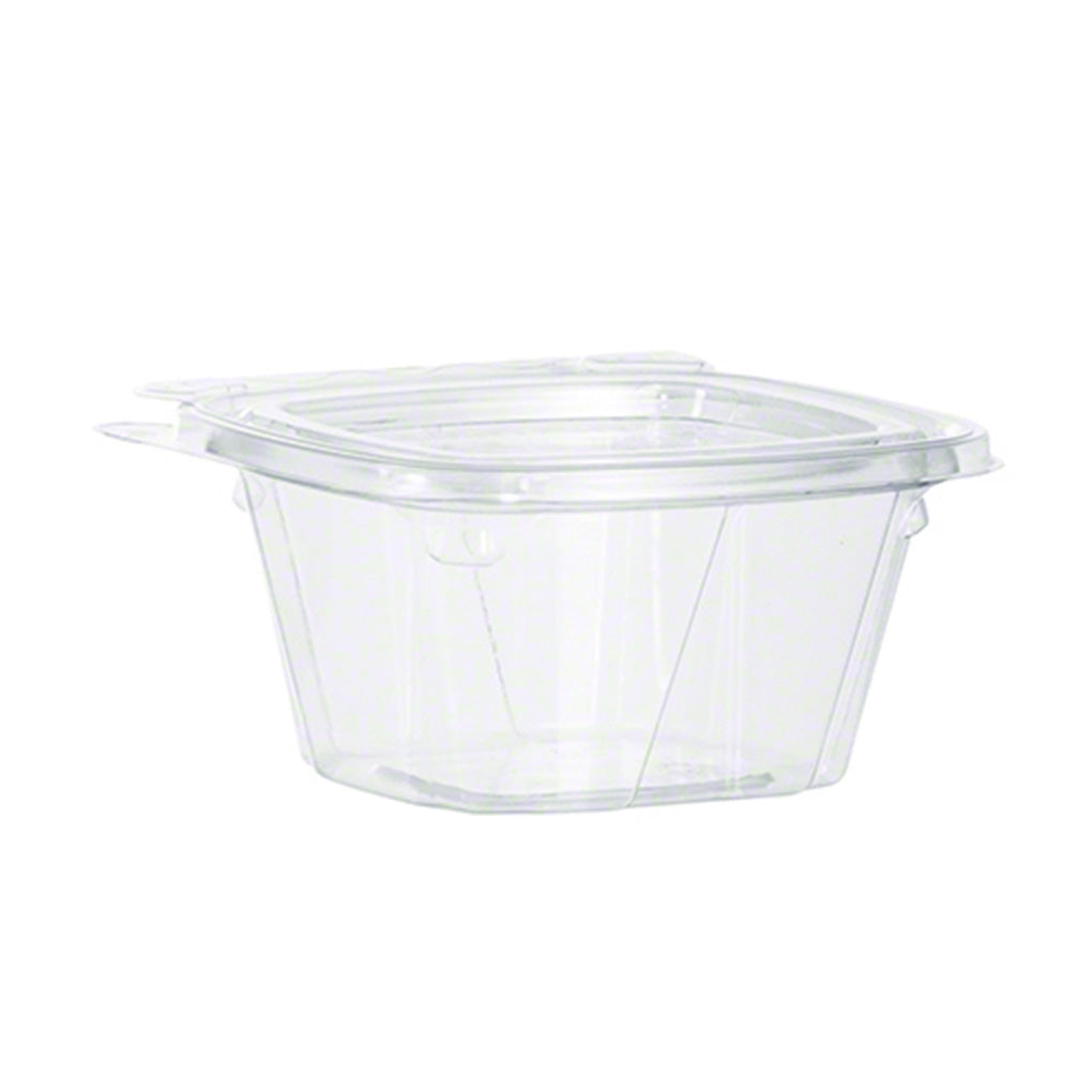 Clear 6 oz tamper-evident deli container with attached hinged lid shown from the side on a white background.