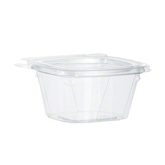 Clear 6 oz tamper-evident deli container with attached hinged lid shown from the side on a white background.