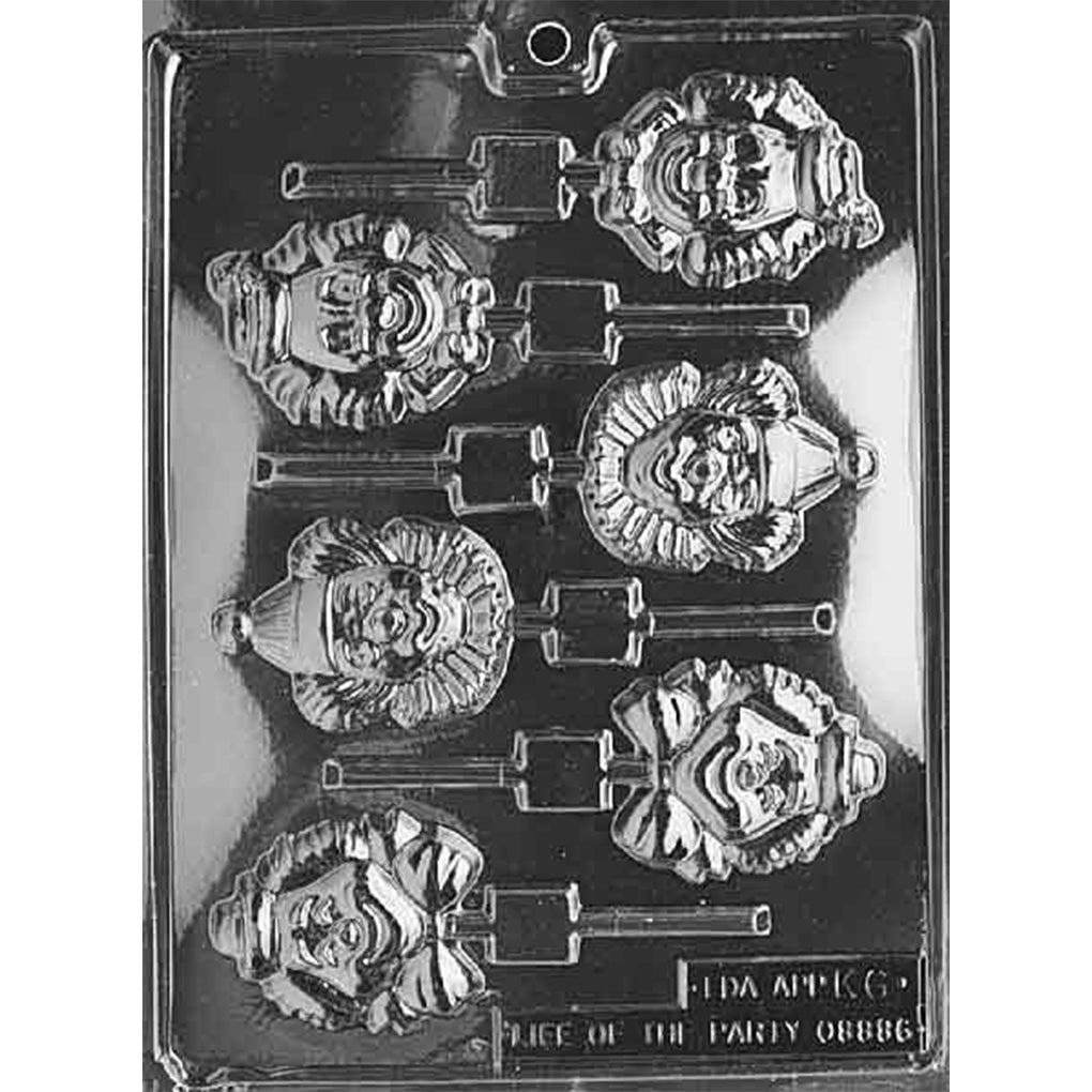 Six-cavity clown face chocolate lollipop mold with three assorted hat, hair, and facial designs repeated twice and built-in stick channels
