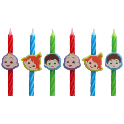 Set of six CoComelon birthday candles with JJ, Nico, and TomTom character toppers on red, blue, and green spiral candles, arranged in a straight row.
