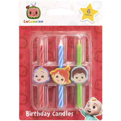 CoComelon birthday candles in retail packaging, featuring JJ, Nico, and TomTom character toppers on red, blue, and green spiral candles, pack of six.