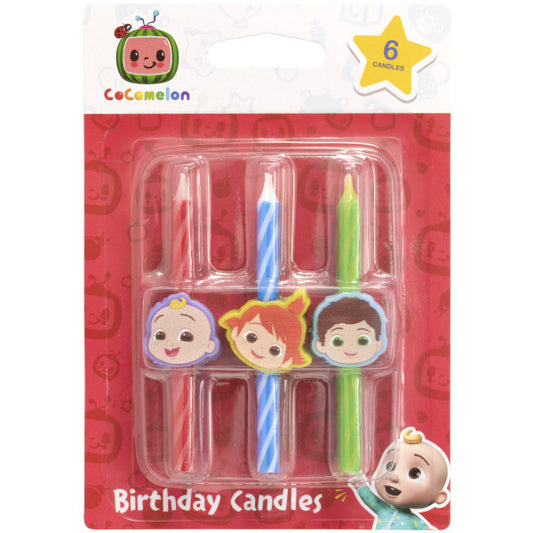 CoComelon birthday candles in retail packaging, featuring JJ, Nico, and TomTom character toppers on red, blue, and green spiral candles, pack of six.