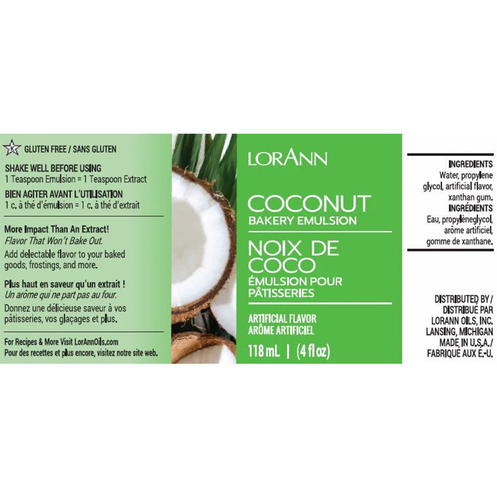 Coconut Bakery Emulsion label from LorAnn featuring halved coconuts against a bright green background. Label notes artificial flavoring and water-based formulation suitable for baking, smoothies, and more.
