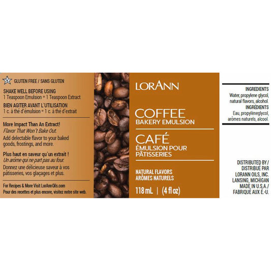 LorAnn Coffee Bakery Emulsion label with a background of roasted coffee beans. Includes bilingual English/French labeling and gluten-free symbol. Designed for baked goods, beverages, and frostings.