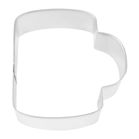 Overhead view of a metal cookie cutter in the shape of a purse or coffee mug.