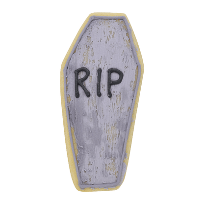 Gray tombstone cookie with 'RIP' piped in black icing.