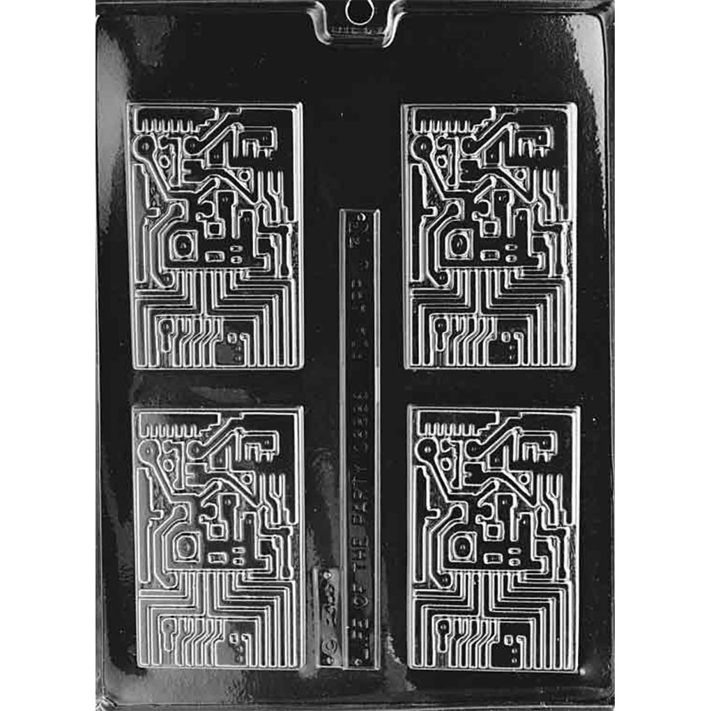 Four-cavity computer chip chocolate mold with rectangular pieces and detailed raised circuit-board traces, connection points, and electronic components