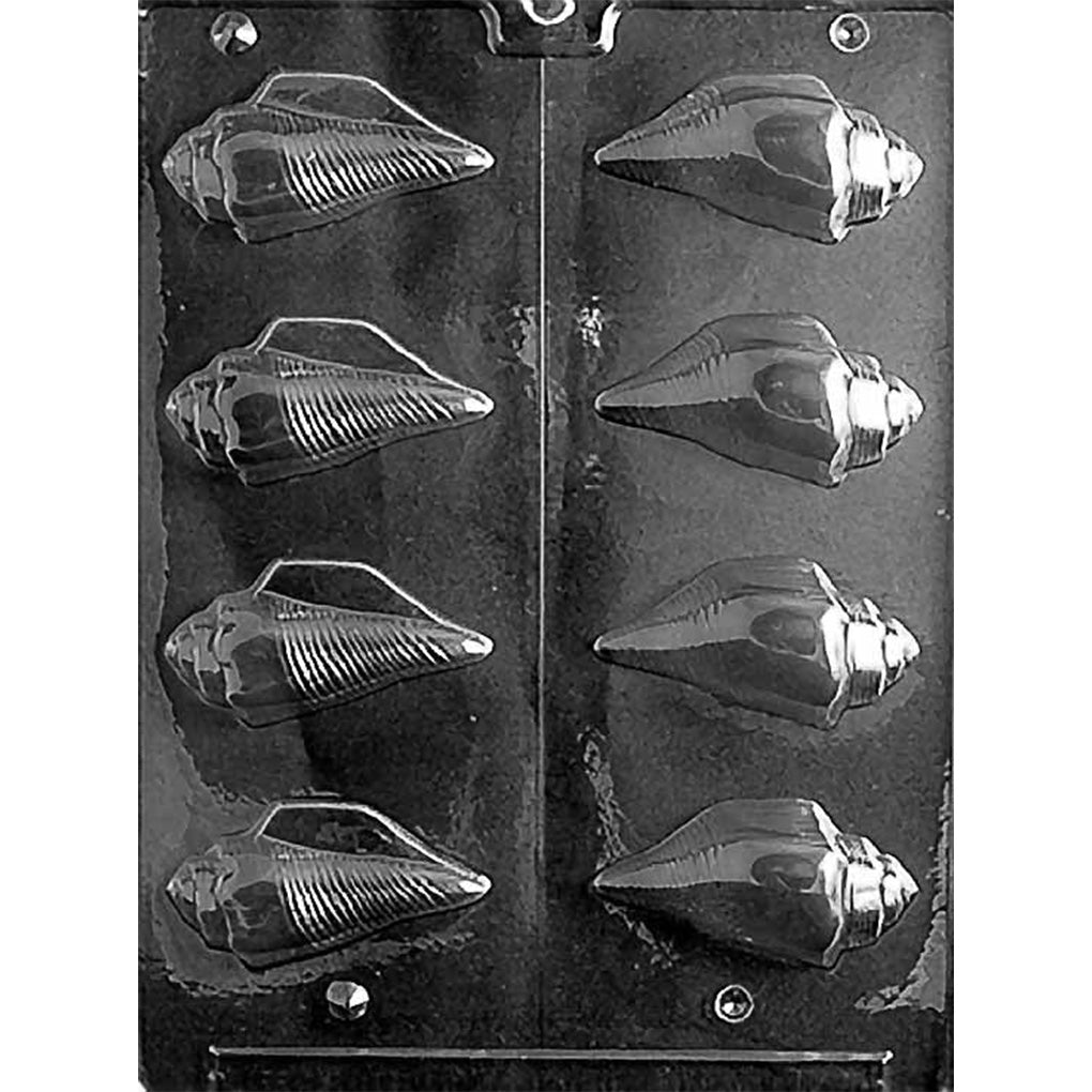 Clear 3D chocolate mold with eight conch shell half cavities arranged on both sides of a center cutting line, featuring pointed ends, curved openings, and raised shell ridges.