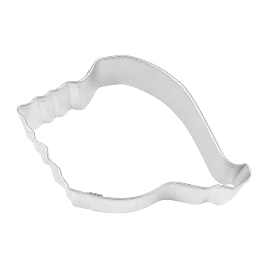 Metal conch shell-shaped cookie cutter with a curved, detailed design.