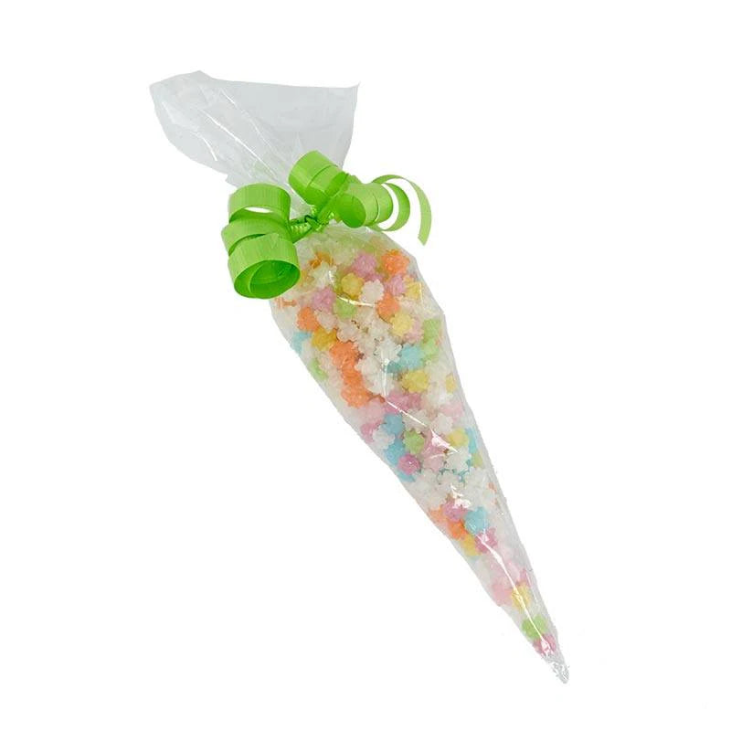 A single clear cone treat bag filled with rainbow rock sugar candy, tied with a bright green ribbon, ideal for event favors or edible gifts.