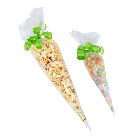 Clear cone treat bags filled with popcorn and colorful candy, each tied with green curling ribbon, perfect for party favors or gift packaging.