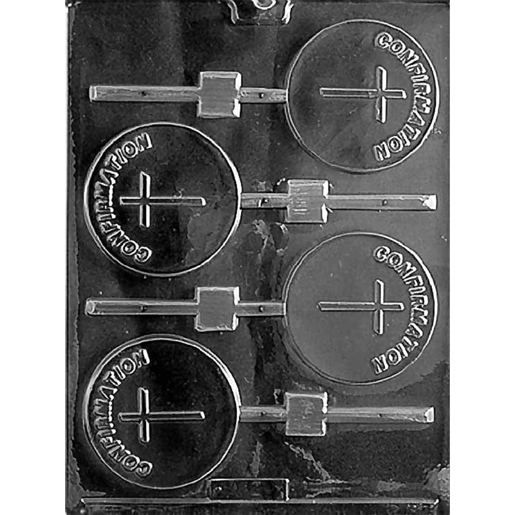 Clear plastic chocolate lollipop mold with four round cavities, each embossed with “CONFIRMATION” around the rim and a cross-style symbol in the center, with stick channels attached.