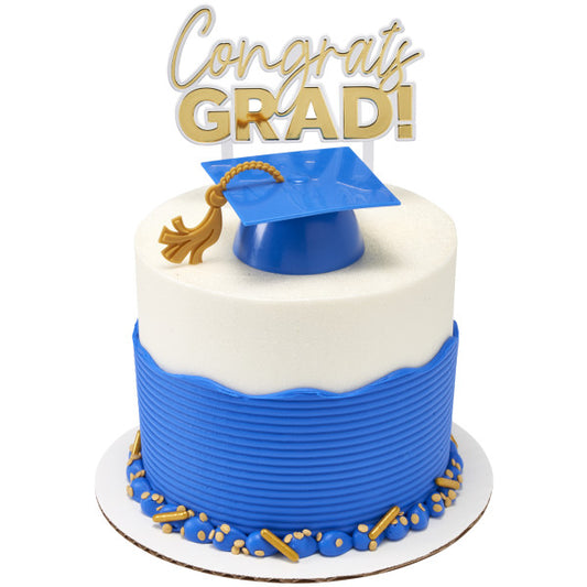 Graduation cake with blue cap and gold "Congrats GRAD!" topper, ideal for college or high school parties