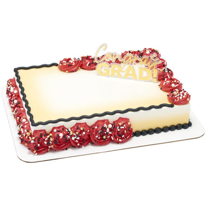 Sheet cake with red and black icing, topped with gold graduation cake pick that reads "Congrats GRAD!"