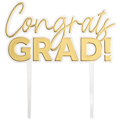 Gold "Congrats GRAD!" cake topper with script and bold lettering, perfect for graduation cake decorating