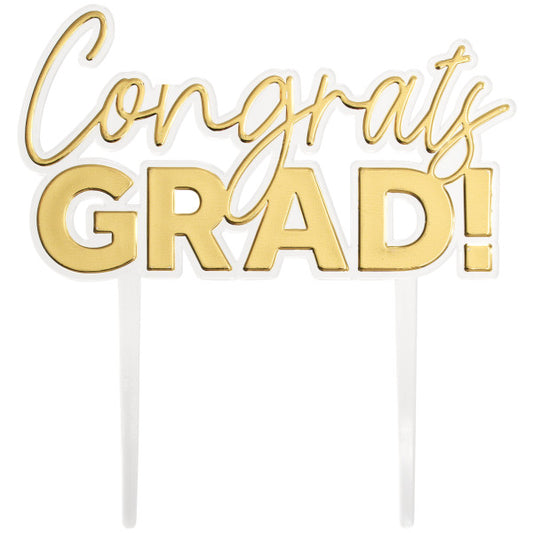 Gold "Congrats GRAD!" cake topper with script and bold lettering, perfect for graduation cake decorating