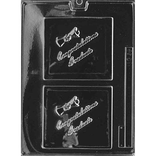 Clear plastic chocolate mold with two square plaque cavities embossed “Congratulations Grad” with a small diploma scroll design, shown on a dark background.