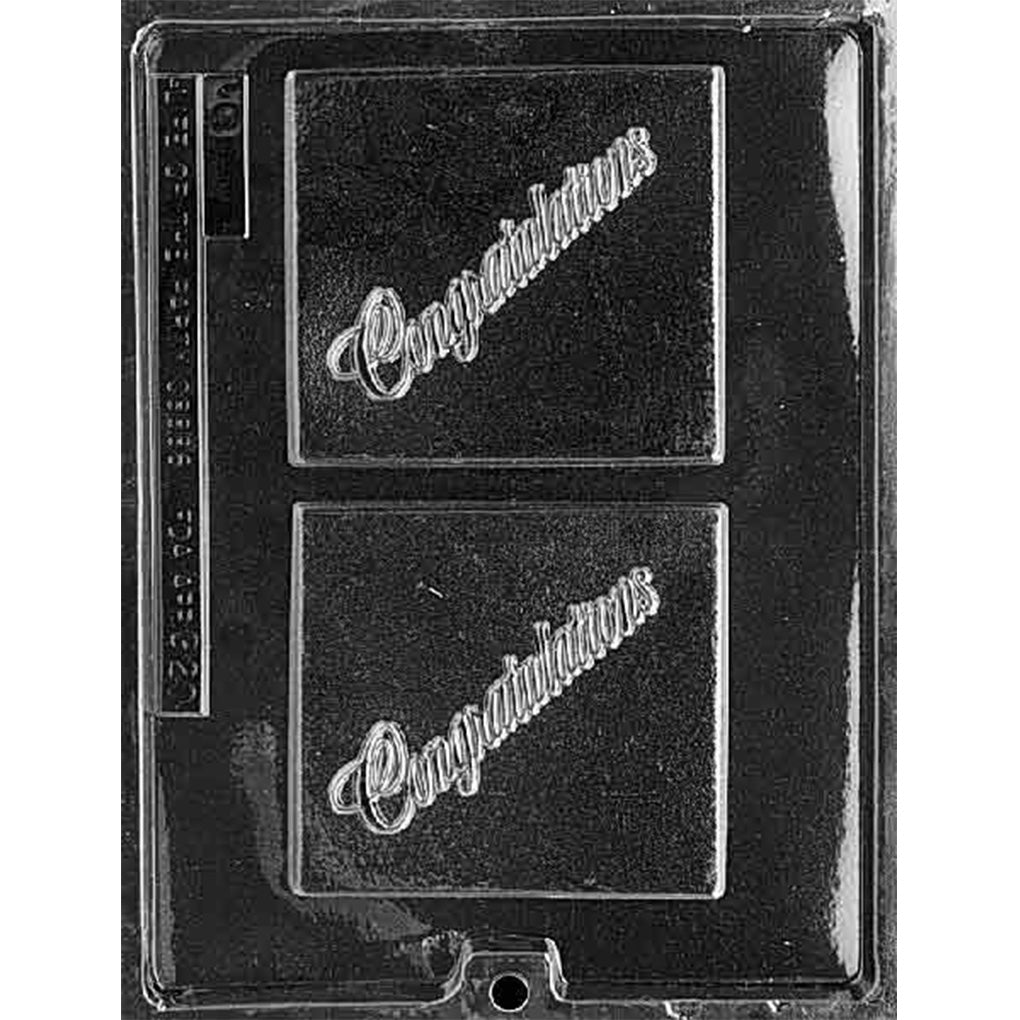 Clear plastic Congratulations Square Bar Chocolate Mold with two framed square cavities featuring diagonal script lettering and textured backgrounds
