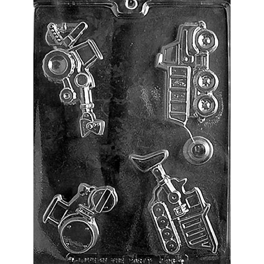 Four-cavity construction vehicles chocolate mold with backhoe loader, dump truck, cement mixer, and tracked bulldozer designs