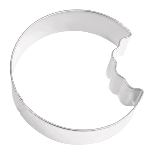 Silver cookie cutter shaped like a round cookie with a bite taken out of it.