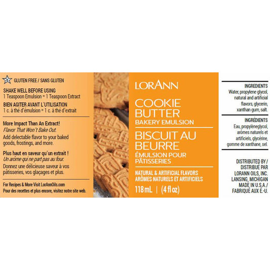 Cookie Butter Bakery Emulsion label showing a stack of speculoos-style cookies. The orange label includes ingredient details and notes its use in buttercream, cakes, and cookie batters.