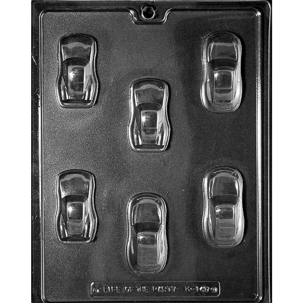 Six-cavity Cool Cars chocolate mold with two 2 3/4-inch toy sports car designs featuring raised windows, roofs, hoods, and curved bodies.