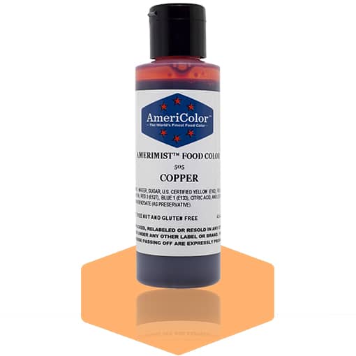 Bottle of AmeriColor Copper AmeriMist Airbrush Food Coloring, 4.5 oz, with warm copper sheen shown beneath for cake decorating use.