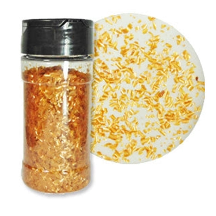 Copper Pearl Edible Glitter Flakes in a clear 1-ounce container with a close-up sample showing their metallic finish