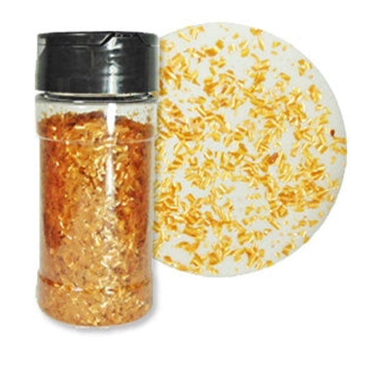 Copper Pearl Edible Glitter Flakes in a clear 1-ounce container with a close-up sample showing their metallic finish