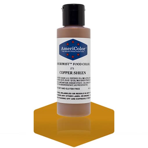 Bottle of AmeriColor Copper Sheen AmeriMist Airbrush Food Coloring, 4.5 oz, with a metallic copper sheen swatch beneath the bottle.