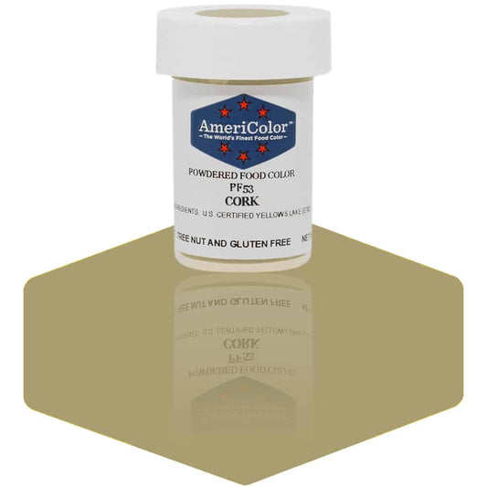 AmeriColor Cork powdered food coloring 3 gram jar showing warm beige-toned powder for neutral cake palettes.