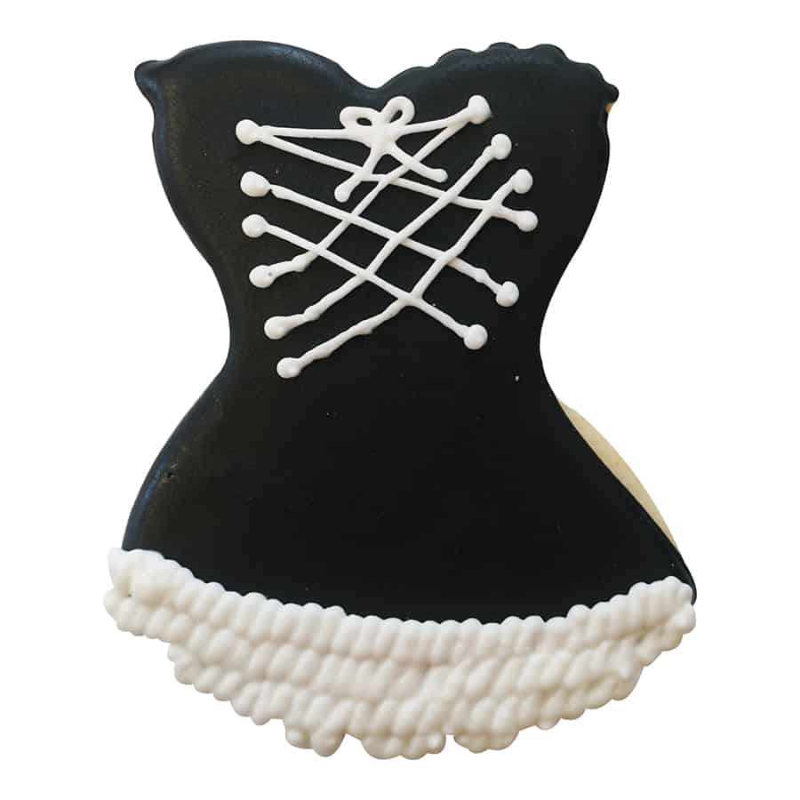 Black corset-shaped cookie decorated with white lace piping and a crisscrossed ribbon design.