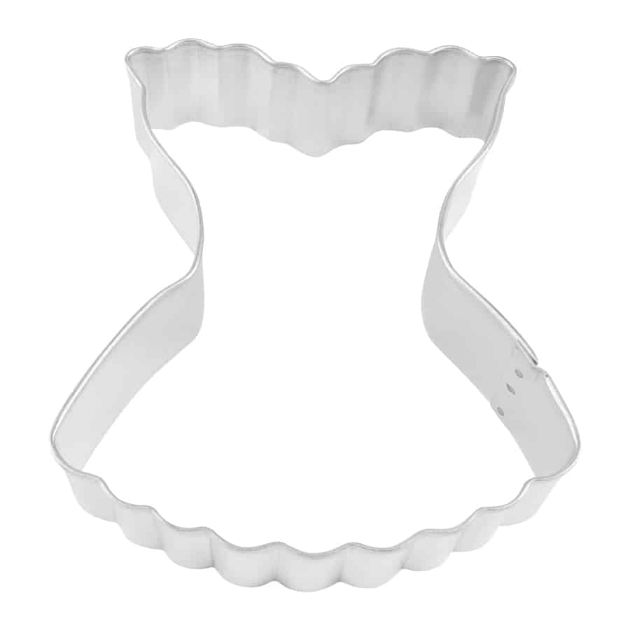 Metal corset-shaped cookie cutter with a scalloped top and bottom edge.