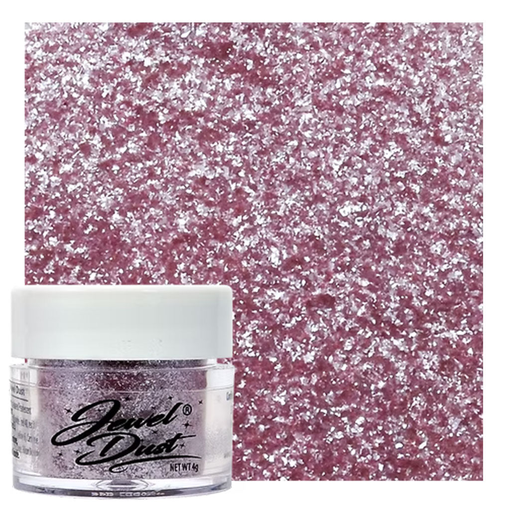 cotton candy Jewel Dust edible glitter jar with soft shimmer swatch for cupcakes, cakes, and desserts.
