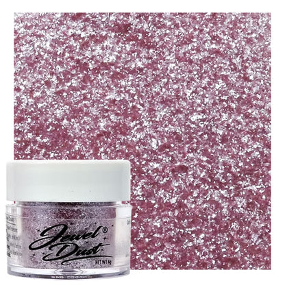cotton candy Jewel Dust edible glitter jar with soft shimmer swatch for cupcakes, cakes, and desserts.