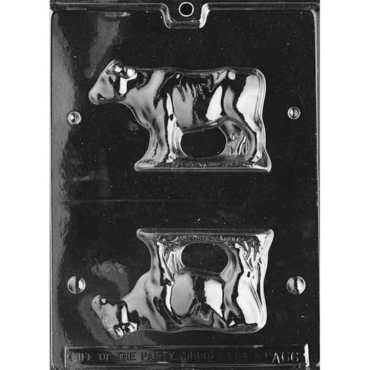 Clear plastic 3D chocolate mold with two cow half cavities designed to be cut apart and used together to create a standing cow chocolate figure.