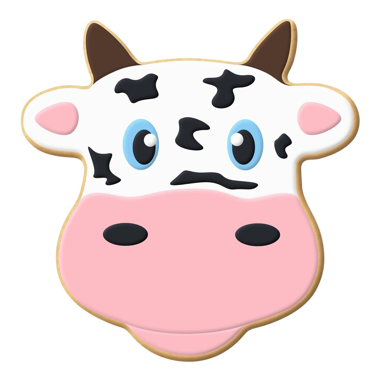 Decorated cow face cookie with white, pink, black, and blue icing details.