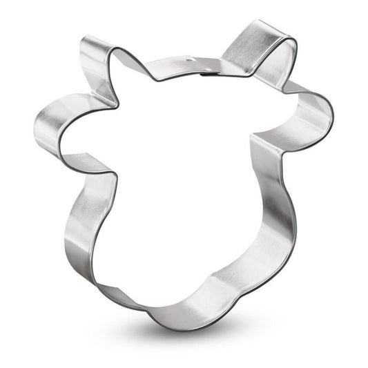 Metal cow face cookie cutter with a wavy edge design.