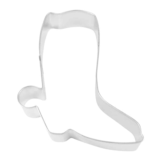 Metal cowboy boot cookie cutter with a detailed heel and spur design.