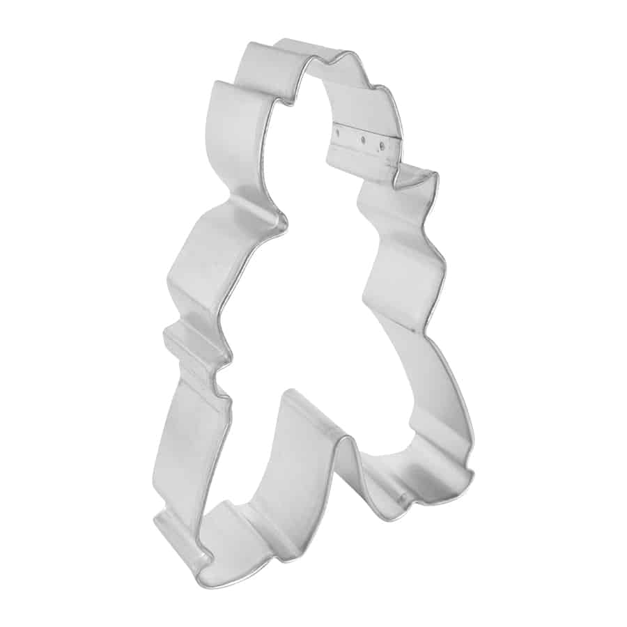 Angled side view of a cowboy cookie cutter, showing its sturdy metal construction and well-defined shape.