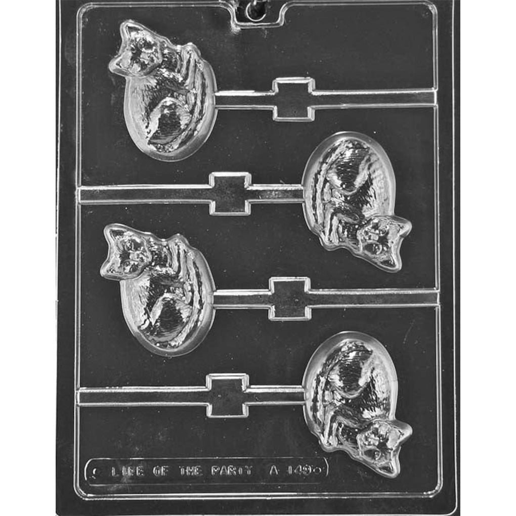 Clear plastic chocolate lollipop mold with four curled-up cat cavities, each showing a cozy cat with pointed ears and facial detail, with stick channels extending from the shapes.