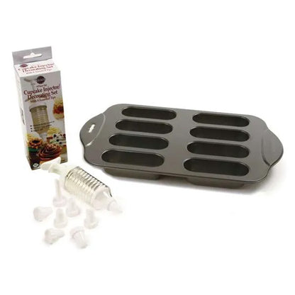 Cream Canoe Making Set showing 8-cavity baking pan, filling injector, decorating tips, and retail packaging.