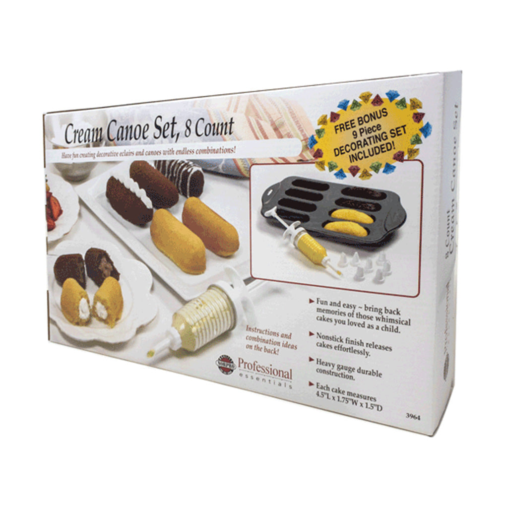 Cream Canoe Set retail box showing the 8-cavity pan, cream-filled cakes, filling injector, and included 9-piece decorating set.