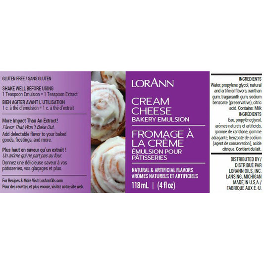 Cream Cheese Bakery Emulsion label featuring frosted cinnamon rolls.