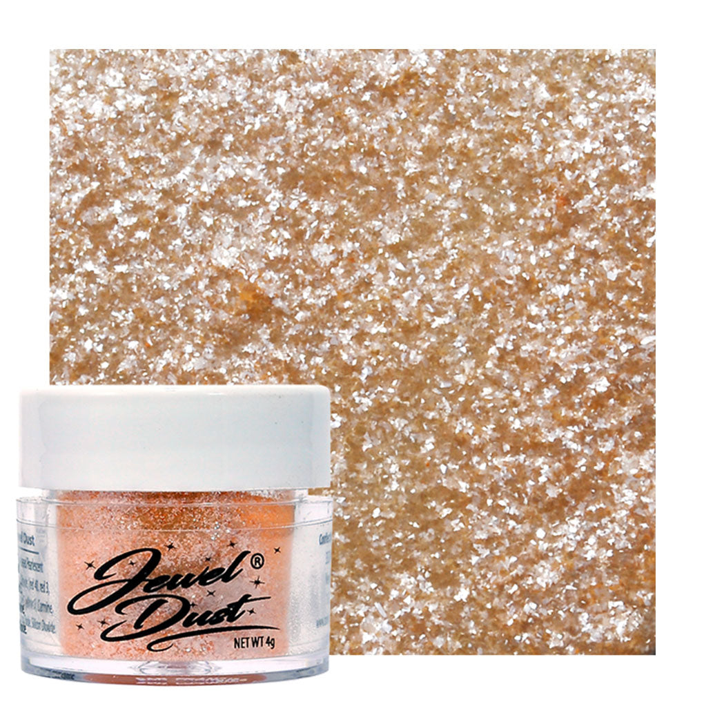 Peach colored "creamsicle" Jewel Dust edible glitter jar with warm shimmer swatch for decorating cakes, cookies, and sweets.