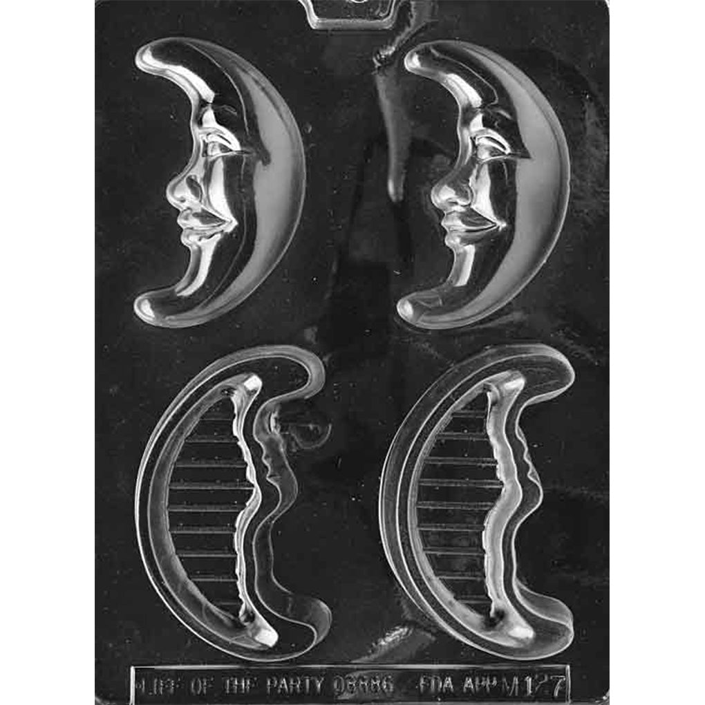 Crescent moon pour box chocolate mold with two sculpted moon-face lids and two matching ribbed bases for two complete boxes