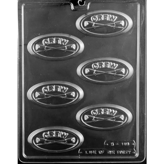 Chocolate mold with six oval bar cavities featuring the word CREW above crossed rowing oars