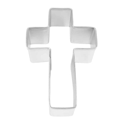 Metal cross-shaped cookie cutter with straight edges and a classic design.