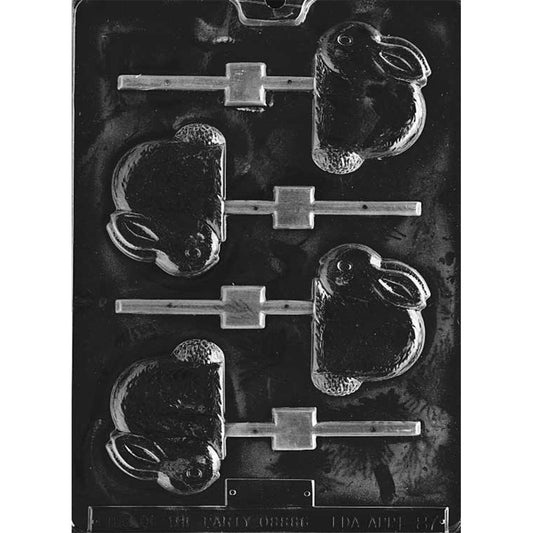 Clear plastic crouching bunny chocolate lollipop mold with four bunny silhouette cavities, each showing a low-set rabbit with a rounded tail and long ear detail, plus stick channels.
