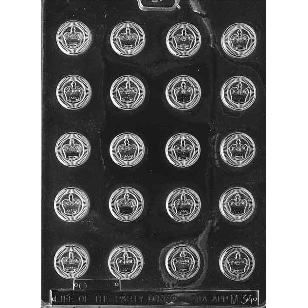 Clear plastic chocolate mold with 20 round checker piece cavities arranged in five rows, each featuring a raised crown and a finely ridged border.